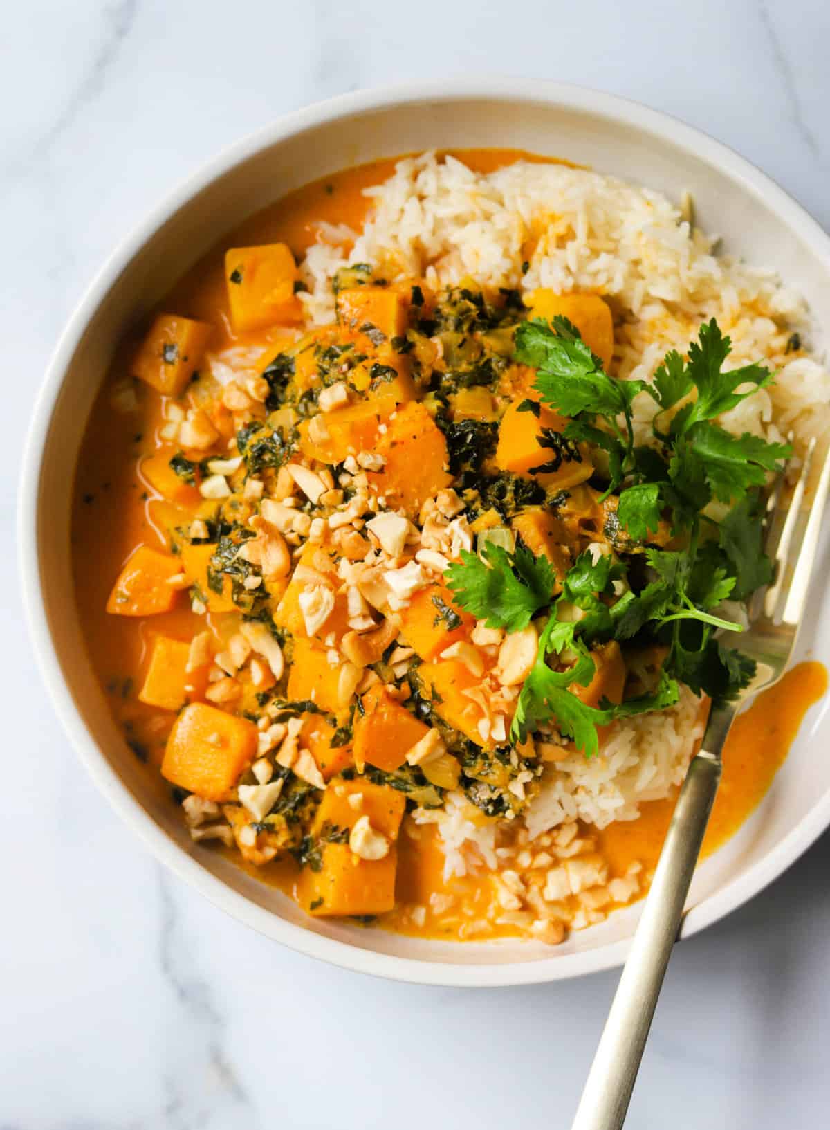An overhead shot of a bowl of butternut squash curry.