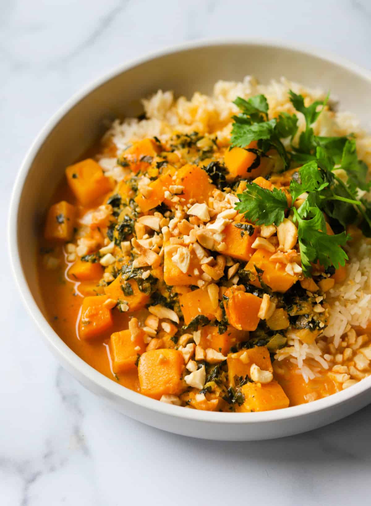 A side shot of a bowl of butternut squash curry.