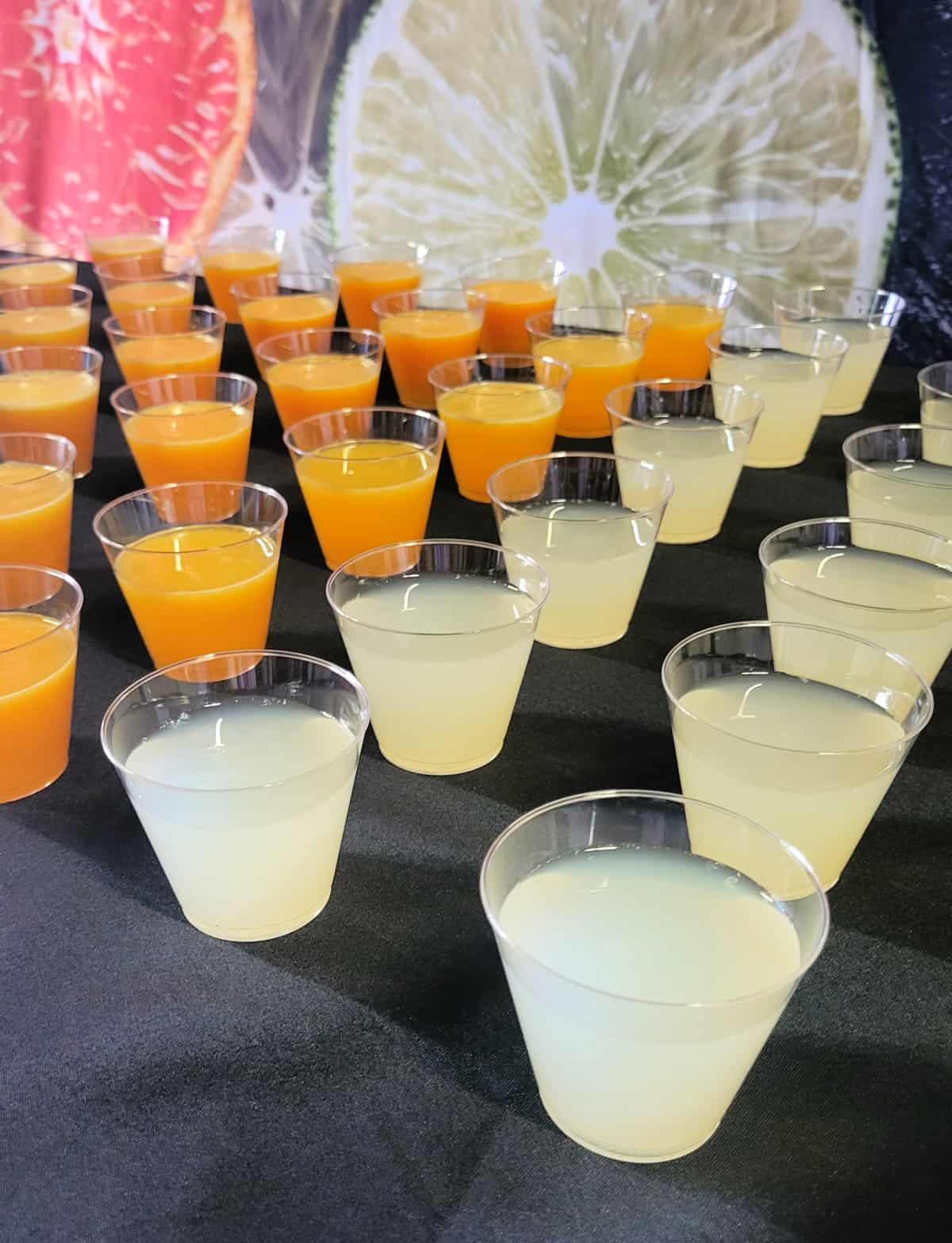 Sample cups of citrus juices on a table.
