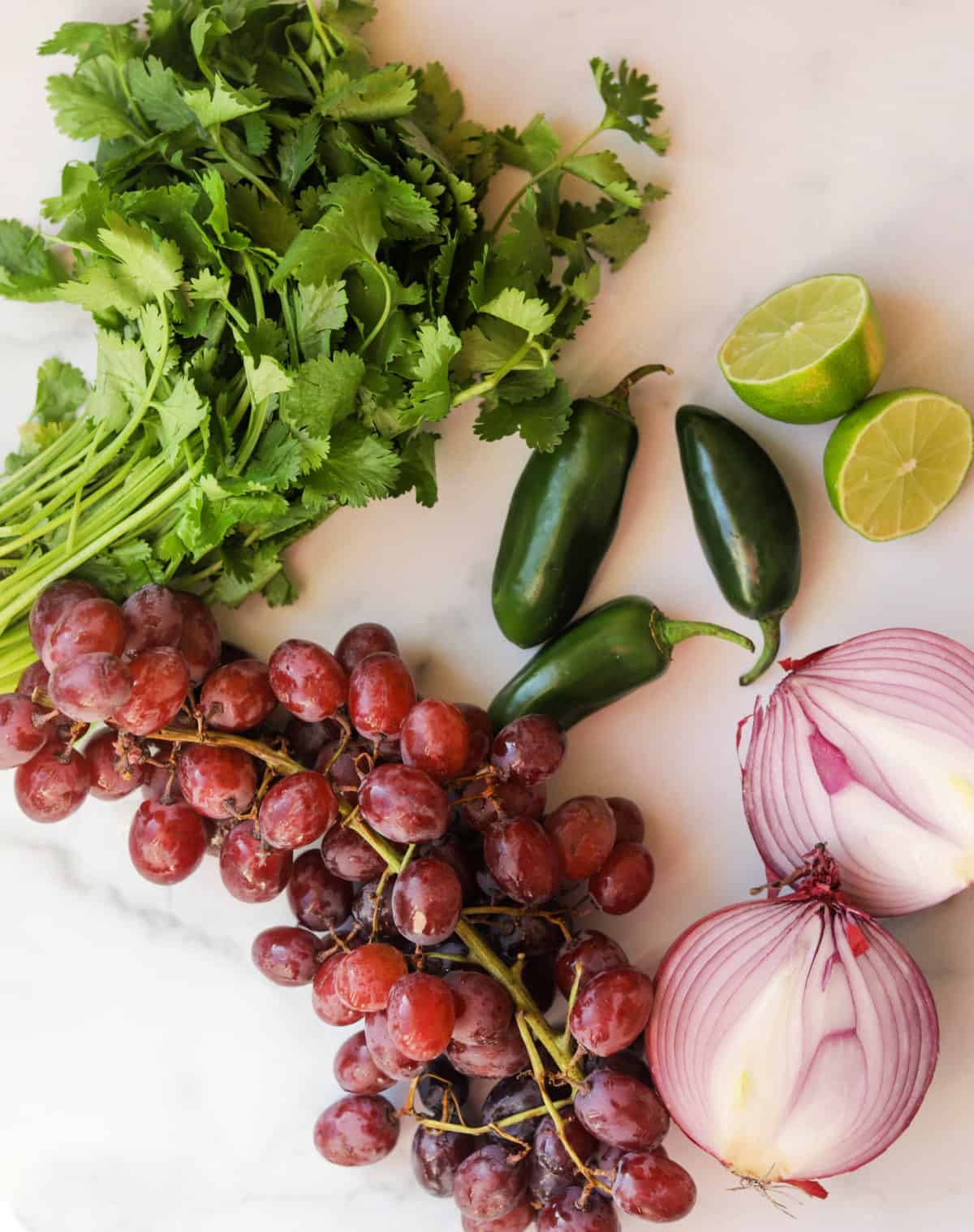 An overhead shot of ingredients to make grape salsa.