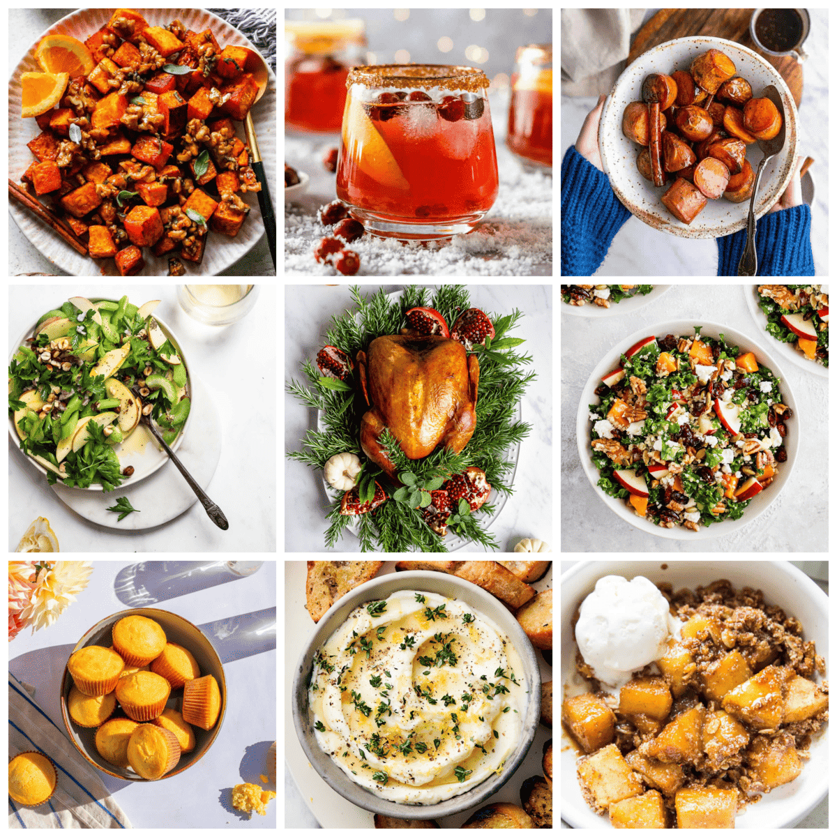 A collage of healthy thanksgiving recipes.