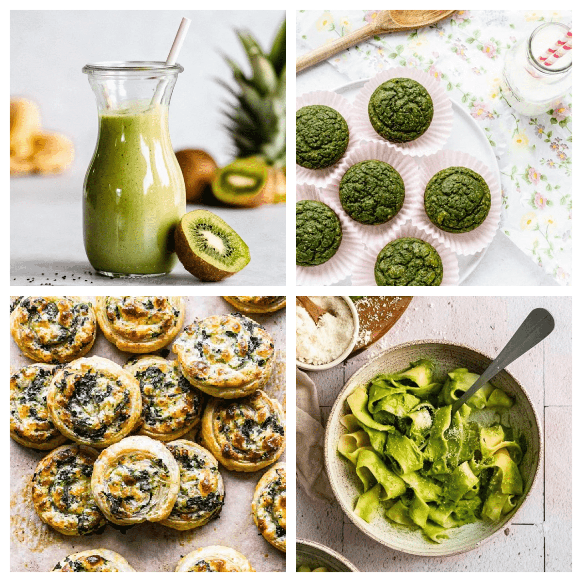 A college of spinach recipes, including pinwheels, pasta, a smoothie and muffins.