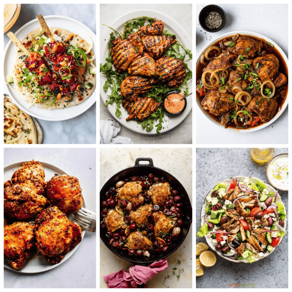 A collage of 6 healthy chicken thigh recipes.