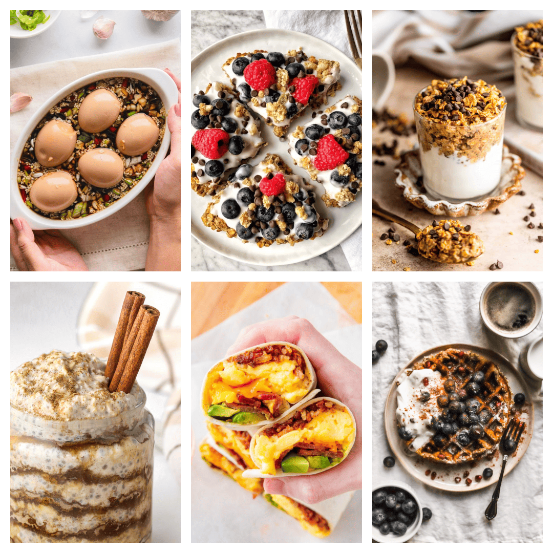 A collage of six make-ahead breakfast recipes.