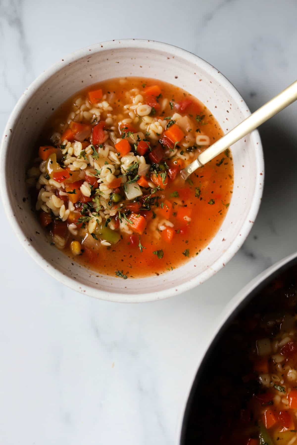 An overhead shot of a bowl of alphabet vegetable soup.