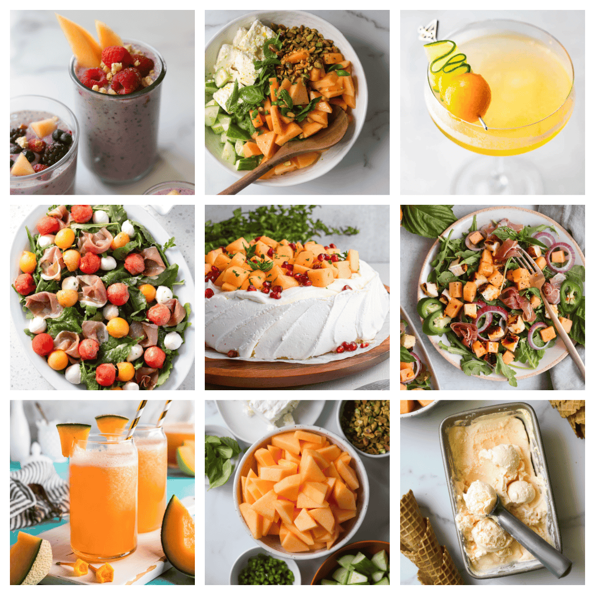 A collage of beautiful, easy cantaloupe recipes.