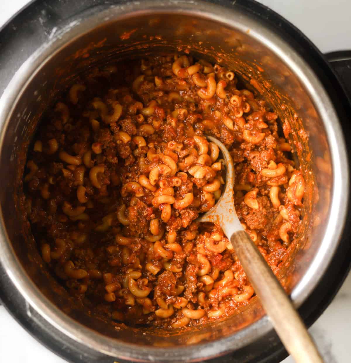 An overhead shot of an Instant Pot full of goulash.