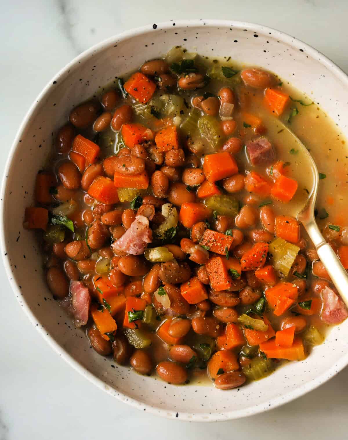 A close-up overhead shot of ham and pinto bean soup in a white bowl.