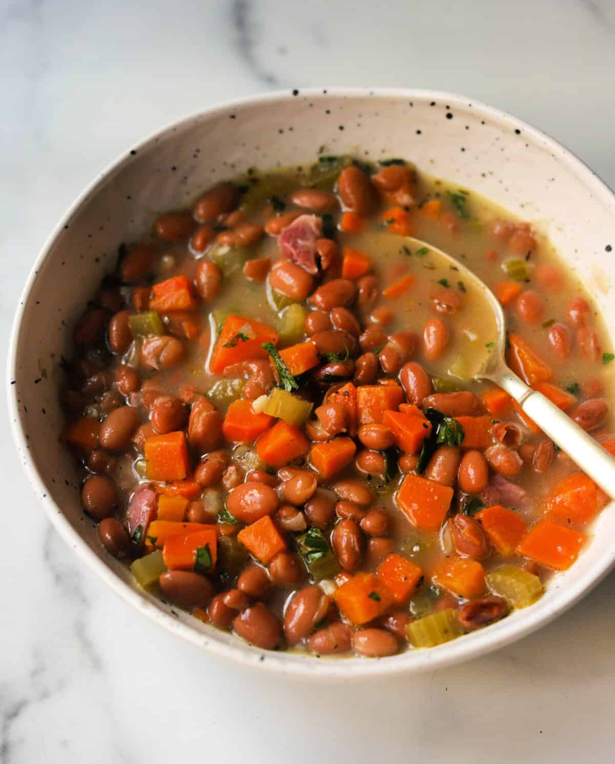 A front angled shot of a speckled bowl filled with ham and pinto bean soup.