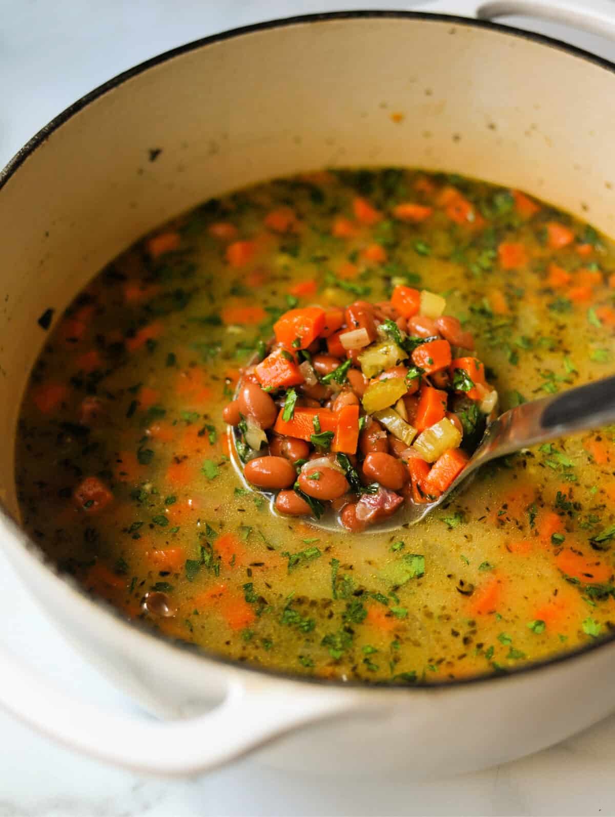 A front shot of a pot of ham and pinto bean soup.