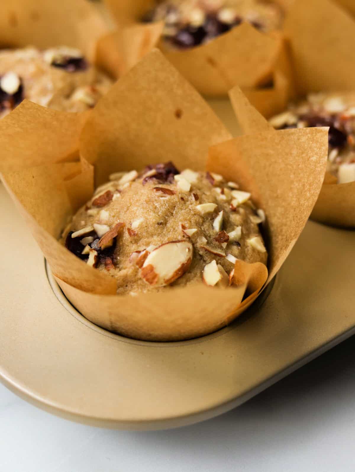 A front close up shot of a cherry almond muffin in a muffin tin.