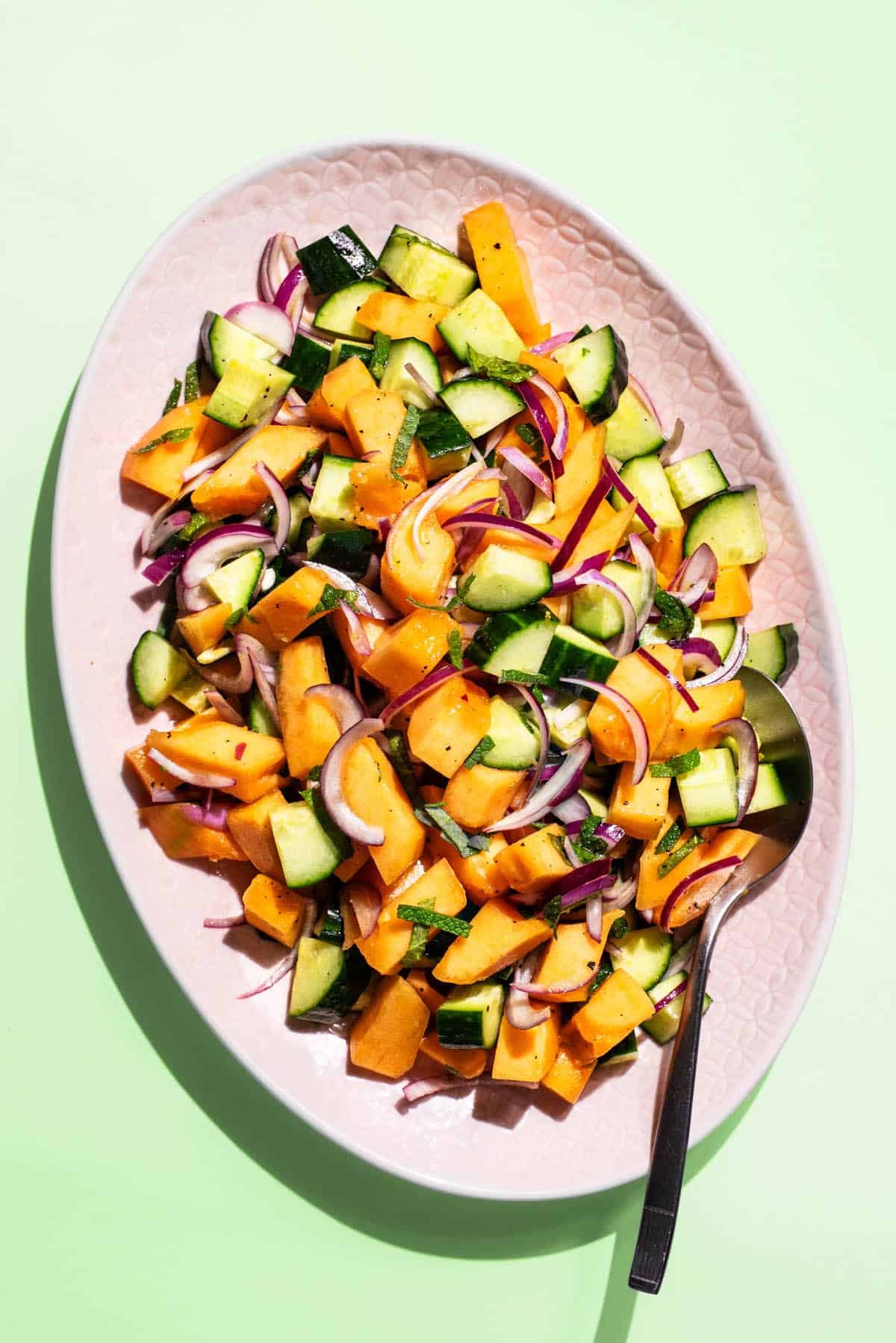 An overhead shot of a platter with melon, cucumber and red onion salad with fresh mint on top.
