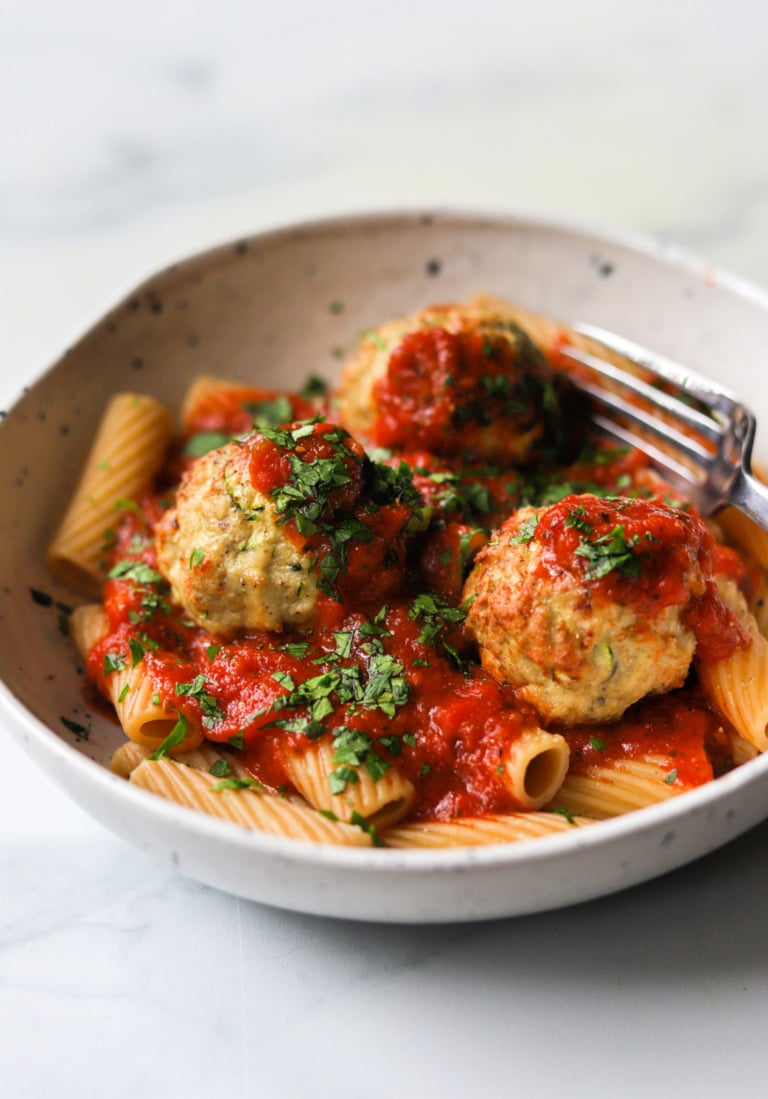 Air Fryer Turkey Zucchini Meatballs in a white bowl.