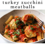 Air fryer zucchini meatballs over high-fiber rigatoni in a bowl.
